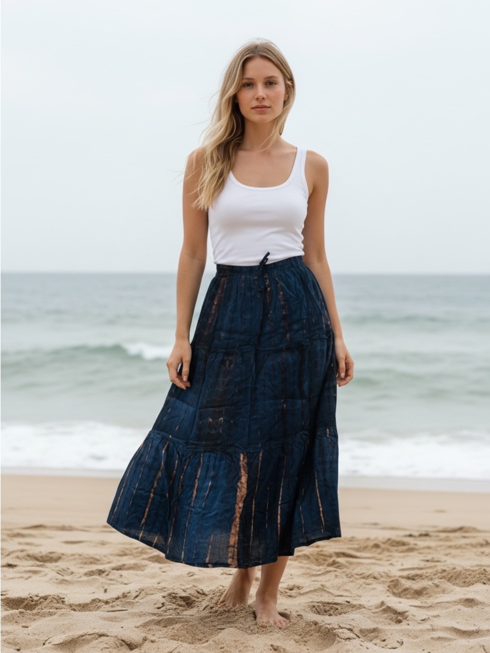 Women's Navy Blue Tiered Maxi Skirt - Casual Beach Style
